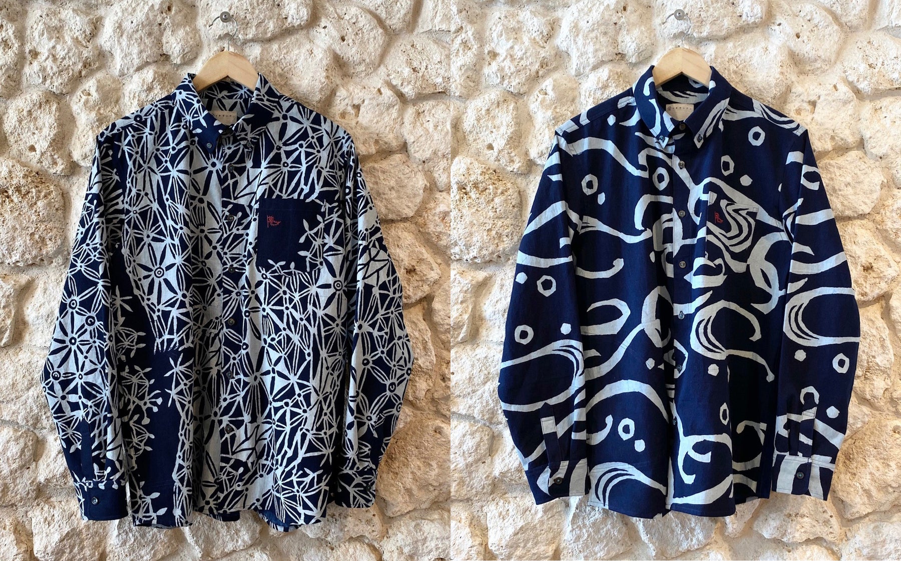 藍印花布素材の長袖かりゆしをリリース！